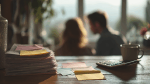 stack of bills and sticky notes on a kitchen table with a calculator in soft morning light; blurred couple in the background discussing finances